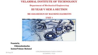 VELAMMAL INSTITUTE OF TECHNOLOGY
Department of Mechanical Engineering
III YEAR V SEM A SECTION
ME 8593-DESIGN OF MACHINE ELEMENTS
UNIT 1
Presented by,
K.Balamanikandasuthan,
Assistant Professor, Mechanical
09-Aug-20
K.BALAMANIKANDASUTHAN A.P/MECH
VELAMMAL I TECH
 