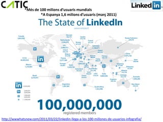*Més de 100 milions d’usuaris mundials
                      *A Espanya 1,6 milions d’usuaris (març 2011)




http://wwwhatsnew.com/2011/03/22/linkedin-llega-a-los-100-millones-de-usuarios-infografia/
 