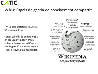 Wikis: Espais de gestió de coneixement compartit


•Principals plataformes:Wikia,
Wikispaces, Pbwiki

•Un espai wiki és un lloc web a
on els usuaris poden crear,
editar, esborrar o modificar els
continguts d’una forma ràpida
i fàcil a través d’un navegador.
 
