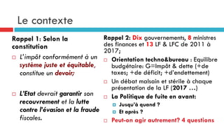 Le contexte
Rappel 1: Selon la
constitution
¨  L’impôt conformément à un
système juste et équitable,
constitue un devoir;
¨  L’Etat devrait garantir son
recouvrement et la lutte
contre l’évasion et la fraude
fiscales.
Rappel 2: Dix gouvernements, 8 ministres
des finances et 13 LF & LFC de 2011 à
2017;
¨  Orientation techno&bureau : Equilibre
budgétaire: G=Impôt & dette (+de
taxes; +de déficit; +d’endettement)
¨  Un débat malsain et stérile à chaque
présentation de la LF (2017 …)
¨  La Politique de fuite en avant:
¤  Jusqu’à quand ?
¤  Et après ?
¨  Peut-on agir autrement? 4 questions
 