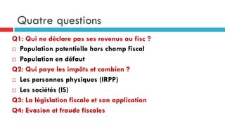 Quatre questions
Q1: Qui ne déclare pas ses revenus au fisc ?
¨  Population potentielle hors champ fiscal
¨  Population en défaut
Q2: Qui paye les impôts et combien ?
¨  Les personnes physiques (IRPP)
¨  Les sociétés (IS)
Q3: La législation fiscale et son application 
Q4: Evasion et fraude fiscales
 