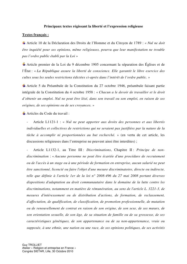 Principaux Textes Sur Liberte Et Pratique Religieuses