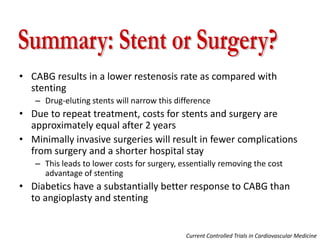 • CABG results in a lower restenosis rate as compared with
stenting
– Drug-eluting stents will narrow this difference
• Due to repeat treatment, costs for stents and surgery are
approximately equal after 2 years
• Minimally invasive surgeries will result in fewer complications
from surgery and a shorter hospital stay
– This leads to lower costs for surgery, essentially removing the cost
advantage of stenting
• Diabetics have a substantially better response to CABG than
to angioplasty and stenting
Current Controlled Trials in Cardiovascular Medicine
 