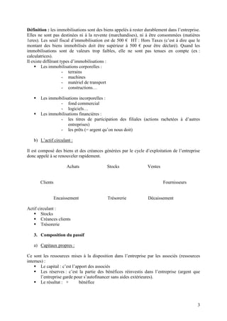 3
Définition : les immobilisations sont des biens appelés à rester durablement dans l’entreprise.
Elles ne sont pas destinées ni à la revente (marchandises), ni à être consommées (matières
1eres). Les seuil fiscal d’immobilisation est de 500 € HT : Hors Taxes (c’est à dire que le
montant des biens immobilisés doit être supérieur à 500 € pour être déclaré). Quand les
immobilisations sont de valeurs trop faibles, elle ne sont pas tenues en compte (ex :
calculatrices).
Il existe différant types d’immobilisations :
 Les immobilisations corporelles :
- terrains
- machines
- matériel de transport
- constructions…
 Les immobilisations incorporelles :
- fond commercial
- logiciels…
 Les immobilisations financières :
- les titres de participation des filiales (actions rachetées à d’autres
entreprises)
- les prêts (= argent qu’on nous doit)
b) L’actif circulant :
Il est composé des biens et des créances générées par le cycle d’exploitation de l’entreprise
donc appelé à se renouveler rapidement.
Achats Stocks Ventes
Clients Fournisseurs
Encaissement Trésorerie Décaissement
Actif circulant :
 Stocks
 Créances clients
 Trésorerie
3. Composition du passif
a) Capitaux propres :
Ce sont les ressources mises à la disposition dans l’entreprise par les associés (ressources
internes) :
 Le capital : c’est l’apport des associés
 Les réserves : c’est la partie des bénéfices réinvestis dans l’entreprise (argent que
l’entreprise garde pour s’autofinancer sans aides extérieures).
 Le résultat : + bénéfice
 