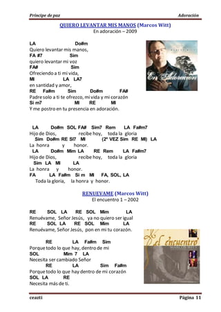 Príncipe de paz Adoración
ceazti Página 11
QUIERO LEVANTAR MIS MANOS (Marcos Witt)
En adoración – 2009
LA Do#m
Quiero levantar mis manos,
FA #7 Sim
quiero levantar mi voz
FA# Sim
Ofreciendo a ti mi vida,
MI LA LA7
en santidad y amor,
RE Fa#m Sim Do#m FA#
Padresolo a ti te ofrezco, mivida y mi corazón
Si m7 MI RE MI
Y me postro en tu presencia en adoración.
LA Do#m SOL FA# Sim7 Rem LA Fa#m7
Hijo de Dios, recibe hoy, toda la gloria
Sim Do#m RE SI7 MI (2º VEZ Sim RE MI) LA
La honra y honor.
LA Do#m Mim LA RE Rem LA Fa#m7
Hijo de Dios, recibe hoy, toda la gloria
Sim LA MI LA
La honra y honor.
FA LA Fa#m Si m MI FA, SOL, LA
Toda la gloria, la honra y honor.
RENUEVAME (Marcos Witt)
El encuentro 1 – 2002
RE SOL LA RE SOL Mim LA
Renuévame, Señor Jesús, ya no quiero ser igual
RE SOL LA RE SOL Mim LA
Renuévame, Señor Jesús, pon en mi tu corazón.
RE LA Fa#m Sim
Porquetodo lo que hay, dentro de mi
SOL Mim 7 LA
Necesita ser cambiado Señor
RE LA Sim Fa#m
Porquetodo lo que hay dentro de mi corazón
SOL LA RE
Necesita más de ti.
 