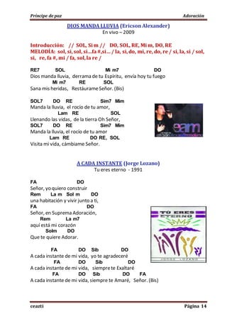 Príncipe de paz Adoración
ceazti Página 14
DIOS MANDA LLUVIA (Ericson Alexander)
En vivo – 2009
Introducción: // SOL, Si m // DO, SOL, RE, Mi m, DO, RE
MELODÍA: sol, si,sol, si…fa #,si… / la, si,do, mi, re, do, re / si, la, si / sol,
si, re, fa #, mi / fa, sol,la re /
RE7 SOL Mi m7 DO
Dios manda lluvia, derrama de tu Espíritu, envía hoy tu fuego
Mi m7 RE SOL
Sana mis heridas, RestáurameSeñor. (Bis)
SOL7 DO RE Sim7 Mim
Manda la lluvia, el rocío de tu amor,
Lam RE SOL
Llenando las vidas, de la tierra Oh Señor,
SOL7 DO RE Sim7 Mim
Manda la lluvia, el rocío de tu amor
Lam RE DO RE, SOL
Visita mi vida, cámbiame Señor.
A CADA INSTANTE (Jorge Lozano)
Tu eres eterno - 1991
FA DO
Señor, yo quiero construir
Rem La m Sol m DO
una habitación y vivir junto a ti,
FA DO
Señor, en Suprema Adoración,
Rem La m7
aquí está mi corazón
Solm DO
Que te quiere Adorar.
FA DO Sib DO
A cada instante de mi vida, yo te agradeceré
FA DO Sib DO
A cada instante de mi vida, siemprete Exaltaré
FA DO Sib DO FA
A cada instante de mi vida, siempre te Amaré, Señor. (Bis)
 