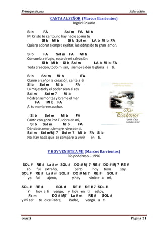 Príncipe de paz Adoración
ceazti Página 21
CANTA AL SEÑOR (Marcos Barrientos)
Ingrid Rosario
SI b FA Sol m FA MI b
Mi Cristo te canto, no hay nadie como tu
SI b MI b SI b Sol m LA b MI b FA
Quiero adorar siempreexaltar, las obras de tu gran amor.
SI b FA Sol m FA MI b
Consuelo, refugio, roca de mi salvación
SI b MI b SI b Sol m LA b MI b FA
Toda creación, todo mi ser, siempre den la gloria a ti.
SI b Sol m MI b FA
Clame al señor la creación; cante a él
SI b Sol m MI b FA
La majestad y el poder sean al rey
Sol m Sol m 7 MI b
Póstrensemontes y brame el mar
FA MI b FA
Al tu nombreescuchar.
SI b Sol m MI b FA
Canto con gozo Por Tu obra en mí,
SI b Sol m MI b FA
Dándote amor, siempre vivo por ti.
Sol m Sol m/Mj 7 Sol m 7 MI b FA SI b
No hay nada que se compare a vivir en ti.
Y HOY VENISTE A MI (Marcos Barrientos)
Rio poderoso – 1996
SOL # RE # La # m SOL # DO # Mj 7 RE # DO # Mj 7 RE #
Yo fui extraño, pero hoy tuyo soy
SOL # RE # La # m SOL # DO # Mj 7 RE # SOL #
yo fui ajeno, y hoy viniste a mí.
SOL # RE # SOL # RE # RE # 7 SOL #
Y hoy a ti vengo, y hoy en ti estoy,
Fa m DO # Mj7 La # m RE # SOL #
y mi ser te dice Padre, Padre, vengo a ti.
 