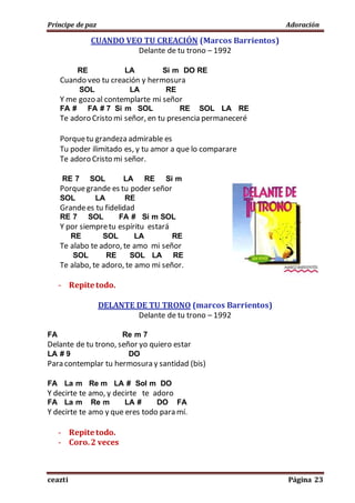 Príncipe de paz Adoración
ceazti Página 23
CUANDO VEO TU CREACIÓN (Marcos Barrientos)
Delante de tu trono – 1992
RE LA Si m DO RE
Cuando veo tu creación y hermosura
SOL LA RE
Y me gozo al contemplarte mi señor
FA # FA # 7 Si m SOL RE SOL LA RE
Te adoro Cristo mi señor, en tu presencia permaneceré
Porquetu grandeza admirable es
Tu poder ilimitado es, y tu amor a que lo comparare
Te adoro Cristo mi señor.
RE 7 SOL LA RE Si m
Porquegrande es tu poder señor
SOL LA RE
Grandees tu fidelidad
RE 7 SOL FA # Si m SOL
Y por siempretu espíritu estará
RE SOL LA RE
Te alabo te adoro, te amo mi señor
SOL RE SOL LA RE
Te alabo, te adoro, te amo mi señor.
- Repite todo.
DELANTE DE TU TRONO (marcos Barrientos)
Delante de tu trono – 1992
FA Re m 7
Delante de tu trono, señor yo quiero estar
LA # 9 DO
Para contemplar tu hermosura y santidad (bis)
FA La m Re m LA # Sol m DO
Y decirte te amo, y decirte te adoro
FA La m Re m LA # DO FA
Y decirte te amo y que eres todo para mí.
- Repite todo.
- Coro.2 veces
 
