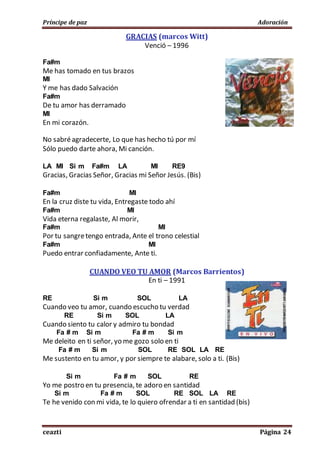 Príncipe de paz Adoración
ceazti Página 24
GRACIAS (marcos Witt)
Venció – 1996
Fa#m
Me has tomado en tus brazos
MI
Y me has dado Salvación
Fa#m
De tu amor has derramado
MI
En mi corazón.
No sabréagradecerte, Lo que has hecho tú por mí
Sólo puedo darte ahora, Mi canción.
LA MI Si m Fa#m LA MI RE9
Gracias, Gracias Señor, Gracias mi Señor Jesús. (Bis)
Fa#m MI
En la cruz diste tu vida, Entregaste todo ahí
Fa#m MI
Vida eterna regalaste, Al morir,
Fa#m MI
Por tu sangretengo entrada, Ante el trono celestial
Fa#m MI
Puedo entrar confiadamente, Ante ti.
CUANDO VEO TU AMOR (Marcos Barrientos)
En ti – 1991
RE Si m SOL LA
Cuando veo tu amor, cuando escucho tu verdad
RE Si m SOL LA
Cuando siento tu calor y admiro tu bondad
Fa # m Si m Fa # m Si m
Me deleito en ti señor, yo me gozo solo en ti
Fa # m Si m SOL RE SOL LA RE
Me sustento en tu amor, y por siempre te alabare, solo a ti. (Bis)
Si m Fa # m SOL RE
Yo me postro en tu presencia, te adoro en santidad
Si m Fa # m SOL RE SOL LA RE
Te he venido con mi vida, te lo quiero ofrendar a ti en santidad (bis)
 