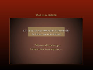 Quel est ce principe?




10% de ce qui vous arrive dans la vie sont faits
        de choses que vous subissez.



       ...