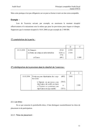 Audit fiscal Principes comptables/Audit fiscal
master ENCG
11
Mais cette pratique n'est pas obligatoire car on peut se borner à tenir un état extra-comptable.
Exemple :
Lors de l'exercice suivant, par exemple, on encaissera le montant récupéré
effectivement et le mécanisme sera le même que pour les provisions pour risques et charges.
Supposons que le montant récupéré le 10.01.2004 est par exemple de 2 500 DH.
1°) constatation de la perte :
2°) réintégration de la provision dans le résultat de l'exercice :
2.3. Les titres :
En ce qui concerne le portefeuille-titres, il faut distinguer essentiellement les titres de
placement et de participation.
2.3.1. Titres de placement :
 