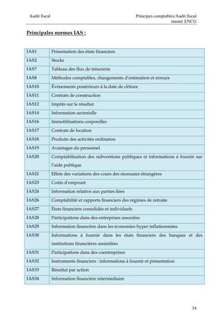 Audit fiscal Principes comptables/Audit fiscal
master ENCG
34
Principales normes IAS :
IAS1 Présentation des états financiers
IAS2 Stocks
IAS7 Tableau des flux de trésorerie
IAS8 Méthodes comptables, changements d’estimation et erreurs
IAS10 Évènements postérieurs à la date de clôture
IAS11 Contrats de construction
IAS12 Impôts sur le résultat
IAS14 Information sectorielle
IAS16 Immobilisations corporelles
IAS17 Contrats de location
IAS18 Produits des activités ordinaires
IAS19 Avantages du personnel
IAS20 Comptabilisation des subventions publiques et informations à fournir sur
l’aide publique
IAS21 Effets des variations des cours des monnaies étrangères
IAS23 Coûts d’emprunt
IAS24 Information relative aux parties liées
IAS26 Comptabilité et rapports financiers des régimes de retraite
IAS27 États financiers consolidés et individuels
IAS28 Participations dans des entreprises associées
IAS29 Information financière dans les économies hyper inflationnistes
IAS30 Informations à fournir dans les états financiers des banques et des
institutions financières assimilées
IAS31 Participations dans des coentreprises
IAS32 Instruments financiers : informations à fournir et présentation
IAS33 Résultat par action
IAS34 Information financière intermédiaire
 