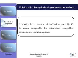 Les principes comptables fondamentaux
Utilité et objectifs du principe de permanence des méthodes
Introduction

Les principes
comptables

Le principe de la permanence des méthodes a pour objectif
de

rendre

comparable

les

informations

comptables

communiquées par les entreprises.
Etude comparative

Conclusion

ELABBADI

Master Gestion, finance et
fiscalité

19

19

 