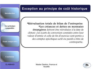 Les principes comptables fondamentaux

Exception au principe de coût historique
Introduction

 
Les principes
comptables

Etude comparative

Réévaluation totale de bilan de l’entreprise
Les créances et dettes en monnaies
étrangères doivent être réévaluées à la date de
clôture ; les écarts de conversion constatés entre leur
valeur d’entrée et celle de fin d’exercice sont portés a
des comptes spécifiques actif ou passifs à titre de
contrepartie.

Conclusion

ELABBADI

Master Gestion, finance et
fiscalité

26

26

 