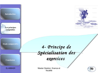 Les principes comptables fondamentaux

Introduction

Les principes
comptables

Etude comparative

Conclusion

ELABBADI

4- Principe de
4- Principe de
Spécialisation des
Spécialisation des
exercices
exercices
Master Gestion, finance et
fiscalité

30

30

 