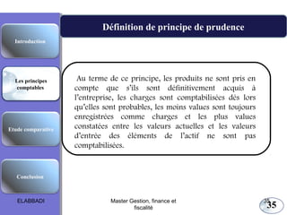 Les principes comptables fondamentaux

Définition de principe de prudence
Introduction

Les principes
comptables

Etude comparative

 Au terme de ce principe, les produits ne sont pris en
compte que s’ils sont définitivement acquis à
l’entreprise, les charges sont comptabilisées dés lors
qu’elles sont probables, les moins values sont toujours
enregistrées comme charges et les plus values
constatées entre les valeurs actuelles et les valeurs
d’entrée des éléments de l’actif ne sont pas
comptabilisées.

Conclusion

ELABBADI

Master Gestion, finance et
fiscalité

35

35

 