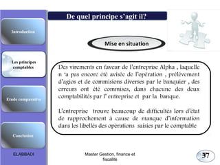 Les principes comptables fondamentaux

De quel principe s’agit il?
Introduction

Mise en situation
Les principes
comptables

Etude comparative

Des virements en faveur de l’entreprise Alpha , laquelle
n ‘a pas encore été avisée de l’opération , prélévement
d’agios et de commisions diverses par le banquier , des
erreurs ont été commises, dans chacune des deux
comptabilités par l’ entreprise et par la banque.
L’entreprise trouve beaucoup de difficultés lors d’état
de rapprochement à cause de manque d’information
dans les libellés des opérations saisies par le comptable

Conclusion

ELABBADI

Master Gestion, finance et
fiscalité

37

37

 