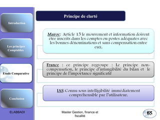 Principe de clarté
Introduction

Les principes
Comptables

Etude Comparative

Conclusion

ELABBADI

Master Gestion, finance et
fiscalité

65

65

 