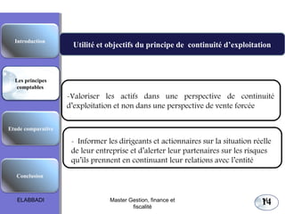 Utilité et objectifs du principe de continuité d’exploitation
Les principes comptables fondamentaux
Etude comparative
Les principes
comptables
Conclusion
Introduction
14
-Valoriser les actifs dans une perspective de continuité
d’exploitation et non dans une perspective de vente forcée
- Informer les dirigeants et actionnaires sur la situation réelle
de leur entreprise et d’alerter leur partenaires sur les risques
qu’ils prennent en continuant leur relations avec l’entité
ELABBADI 14Master Gestion, finance et
fiscalité
 