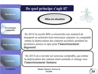 Mise en situation
-En 2012 la société KPG a renouvelée son matériel de
transport en achetant trois nouveaux camions. Le comptable
estime la dépréciation des camions accélérée pendant les
premières années et opte pour l’amortissement
dégressif.
Les principes comptables fondamentaux
De quel principe s’agit il?
-En 2013 on a recruté un nouveau comptable, qui estime
la dépréciation des camion étant normale et change vers
l’amortissement linéaire
Etude comparative
Les principes
comptables
Conclusion
Introduction
16
ELABBADI 16Master Gestion, finance et
fiscalité
 