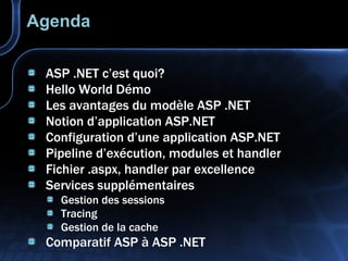 Agenda ASP .NET c’est quoi? Hello World Démo Les avantages du modèle ASP .NET Notion d’application ASP.NET Configuration d’une application ASP.NET Pipeline d’exécution, modules et handler Fichier .aspx, handler par excellence Services supplémentaires Gestion des sessions Tracing Gestion de la cache Comparatif ASP à ASP .NET 