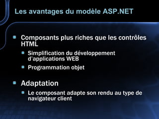 Les avantages du modèle ASP.NET Composants plus riches que les contrôles HTML Simplification du développement d’applications WEB Programmation objet Adaptation Le composant adapte son rendu au type de navigateur client 