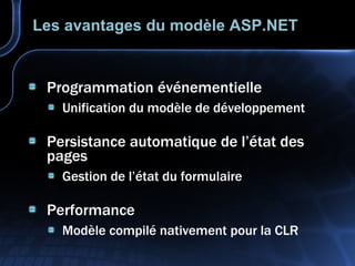Les avantages du modèle ASP.NET Programmation événementielle Unification du modèle de développement Persistance automatique de l’état des pages Gestion de l’état du formulaire Performance Modèle compilé nativement pour la CLR 