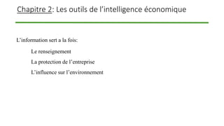 Chapitre 2: Les outils de l’intelligence économique
L’information sert a la fois:
Le renseignement
La protection de l’entreprise
L’influence sur l’environnement
 
