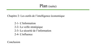 Plan (suite)
Chapitre 2: Les outils de l’intelligence économique
2-1- L’Information
2-2- La veille stratégique
2-3- La sécurité de l’information
2-4- L'influence
Conclusion
 