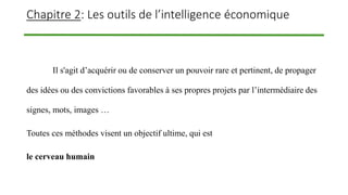 Chapitre 2: Les outils de l’intelligence économique
Il s'agit d’acquérir ou de conserver un pouvoir rare et pertinent, de propager
des idées ou des convictions favorables à ses propres projets par l’intermédiaire des
signes, mots, images …
Toutes ces méthodes visent un objectif ultime, qui est
le cerveau humain
 