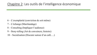 Chapitre 2: Les outils de l’intelligence économique
6 – L’exemplarité (conviction de soit même)
7 – L’échange (Marchandage)
8 – Consulting (Impliquer l’audience)
9 – Story-telling (Art de convaincre, histoire)
10 – Socialisation (Discuter autour d’un café….)
 