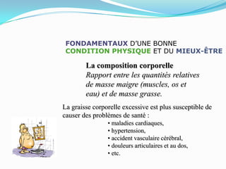 FONDAMENTAUX D’UNE BONNE
 CONDITION PHYSIQUE ET DU MIEUX-ÊTRE

        La composition corporelle
        Rapport entre les quantités relatives
        de masse maigre (muscles, os et
        eau) et de masse grasse.
La graisse corporelle excessive est plus susceptible de
causer des problèmes de santé :
                • maladies cardiaques,
                • hypertension,
                • accident vasculaire cérébral,
                • douleurs articulaires et au dos,
                • etc.
 