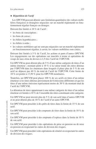 Les placements 123
©Dunod–Laphotocopienonautoriséeestundélit.
◆ Répartition de l’actif
Les OPCVM peuvent détenir sans limitation quantitative des valeurs mobi-
lières françaises et étrangères négociées sur un marché réglementé en fonc-
tionnement régulier français ou étranger.
Doivent être limités à 10 % de l’actif :
• les bons de souscription ;
• les bons de caisse ;
• les billets hypothécaires ;
• les billets à ordre ;
• les valeurs mobilières qui ne sont pas négociées sur un marché réglementé
en fonctionnement régulier, à savoir, les valeurs mobilières non cotées.
Doivent être limités à 5 % de l’actif, les actions et parts d’autres OPCVM.
Les engagements sur des opérations sur marchés à terme et opérations de
swaps de taux et/ou de devises à 1,5 fois l’actif de l’OPCVM.
Un OPCVM ne peut détenir plus de 5 % d’une même catégorie de titres d’un
même émetteur ; montant porté à 10 % si la valeur totale des titres détenus
par l’OPCVM dans les émetteurs dans lesquels il place plus de 5 % de son
actif ne dépasse pas 40 % du total de l’actif de l’OPCVM. Cette limite de
10 % est portée à 17,50 % pour les OPCVM monétaires.
Toutefois, un OPCVM peut placer 100 % de ses actifs en titres d’un même
émetteur si les titres détenus proviennent de 6 émissions différentes et que les
titres d’une même émission représentent moins de 30 % du montant total de
l’actif de l’OPCVM.
La détention de titres appartenant à une même catégorie de titres d’un même
émetteur est limitée à 10 % de l’ensemble des titres constituant cette catégorie.
Un OPCVM ne peut investir plus de 5 % de son actif dans d’autres OPCVM
et ne peut détenir plus de 10 % de l’actif d’un autre OPCVM.
Un OPCVM peut procéder à des prêts de titres dans la limite de 15 % de son
actif.
Un OPCVM peut procéder à des emprunts de titres dans la limite de 10 % de
son actif.
Un OPCVM peut procéder à des emprunts d’espèces dans la limite de 10 %
de son actif.
Un OPCVM peut procéder à des opérations de prise en pension ou de mise
en pension en respectant les ratios de division des risques.
Un OPCVM peut procéder à des opérations de réméré en respectant les ratios
de division des risques.
 