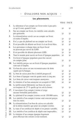 Les placements 139
©Dunod–Laphotocopienonautoriséeestundélit.
♦ ÉVALUONS NOS ACQUIS ♦
Les placements
VRAI FAUX
1. Le détenteur d’un compte sur livret retire à peu près
ce qu’il veut, quand il veut. ❑ ❑
2. Sur un compte sur livret, les intérêts sont calculés
par quinzaine. ❑ ❑
3. La rémunération versée sur un compte sur livret
est nette d’impôts. ❑ ❑
4. Il n’y a pas de plafond sur un compte sur livret. ❑ ❑
5. Il est possible de détenir un livret A et un livret bleu. ❑ ❑
6. Les personnes à charge dans un foyer ﬁscal
ne peuvent pas ouvrir de LDD. ❑ ❑
7. Il est possible de détenir plusieurs LDD. ❑ ❑
8. Tout le monde peut ouvrir un livret d’épargne populaire. ❑ ❑
9. Un livret d’épargne populaire peut être ouvert
en compte-joint. ❑ ❑
10. Les intérêts perçus sur un livret d’épargne populaire
sont nets d’impôts. ❑ ❑
11. Un bon de caisse est une reconnaissance de dette
signée par la banque. ❑ ❑
12. Le bon de caisse peut être à intérêt progressif. ❑ ❑
13. Les bons d’épargne vont de quatre mois à cinq ans. ❑ ❑
14. Les bons de caisse sont toujours anonymes. ❑ ❑
15. Le titulaire d’un bon anonyme est assujetti à l’ISF. ❑ ❑
16. Le prélèvement libératoire sur bons de caisse
est toujours de 27 % quelle qu’en soit la forme. ❑ ❑
17. L’ouverture d’un compte à terme n’exige
aucune formalité particulière. ❑ ❑
18. Le plafond d’un compte à terme est de 150 000 euros. ❑ ❑
19. Les intérêts d’un compte à terme sont souvent perçus
tous les mois. ❑ ❑
20. La rémunération d’un bon de caisse est calculée
de la même manière que pour un compte à terme. ❑ ❑
21. Le taux d’un certiﬁcat de dépôt n’est jamais variable. ❑ ❑
22. Les intérêts d’un certiﬁcat de dépôt sont imposables. ❑ ❑
23. Le titulaire d’un compte épargne-logement
peut effectuer des retraits à tout moment. ❑ ❑
 