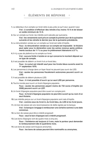 142 LA BANQUE ET LES PARTICULIERS
♦ ÉLÉMENTS DE RÉPONSE ♦
1. Le détenteur d’un compte sur livret retire à peu près ce qu’il veut, quand il veut.
Vrai : à condition d’effectuer des retraits d’au moins 15 € et de laisser
un solde minimum de 15 €.
2. Sur un compte sur livret, les intérêts sont calculés par quinzaine.
Vrai : les versements sont pris en compte le premier jour de la quinzaine
suivante et les retraits le dernier jour de la quinzaine précédente.
3. La rémunération versée sur un compte sur livret est nette d’impôts.
Faux : la rémunération versée sur ce compte est imposable : le titulaire
peut opter pour la déclaration avec les autres revenus après prélève-
ments sociaux de 11 % ou pour le prélèvement libératoire à 27 %.
4. Il n’y a pas de plafond sur le compte sur livret.
Vrai : aucune limite n’existe en ce qui concerne le montant déposé sur
ce type de compte.
5. Il est possible de détenir un livret A et un livret bleu.
Faux : le cumul est interdit sauf pour les livrets bleus ouverts avant le
1er septembre 1979.
6. Les personnes à charge dans un foyer ﬁscal ne peuvent pas ouvrir de LDD.
Vrai : seules les personnes ﬁscalement autonomes peuvent ouvrir un
LDD.
7. Il est possible de détenir plusieurs LDD.
Faux : il n’est possible d’ouvrir qu’un seul LDD par personne.
8. Tout le monde peut ouvrir un livret d’épargne populaire.
Faux : seules les personnes payant moins de 732 euros d’impôts (en
2008) peuvent ouvrir un LEP.
9. Un livret d’épargne populaire peut être ouvert en compte-joint.
Faux : le livret d’épargne populaire ne peut être ouvert qu’au nom d’un
seul titulaire.
10. Les intérêts perçus sur un livret d’épargne populaire sont nets d’impôts.
Vrai : comme ceux du livret A, du livret bleu, du LDD et du livret jeune.
11. Un bon de caisse est une reconnaissance de dette signée par la banque.
Vrai : la banque s’engage à rembourser une certaine somme à une date
convenue.
12. Le bon de caisse peut être à intérêt progressif.
Faux : seul le bon d’épargne est à intérêt progressif.
13. Les bons d’épargne vont de quatre mois à cinq ans.
Faux : l’échéance est toujours à 5 ans, mais le porteur peut demander
le remboursement dès le quatrième mois.
14. Les bons de caisse sont toujours anonymes.
Faux : les bons de caisse peuvent être nominatifs ou anonymes.
 