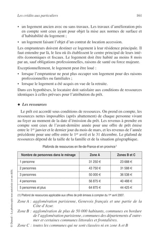 Les crédits aux particuliers 161
©Dunod–Laphotocopienonautoriséeestundélit.
• un logement ancien avec ou sans travaux. Les travaux d’amélioration pris
en compte sont ceux ayant pour objet la mise aux normes de surface et
d’habitabilité du logement ;
• un logement faisant l’objet d’un contrat de location accession.
Les emprunteurs doivent destiner ce logement à leur résidence principale. Il
faut entendre par là, le lieu où ils établissent le centre principal de leurs inté-
rêts économiques et ﬁscaux. Le logement doit être habité au moins 8 mois
par an, sauf obligations professionnelles, raisons de santé ou force majeure.
Exceptionnellement, le logement peut être loué :
• lorsque l’emprunteur ne peut plus occuper son logement pour des raisons
professionnelles ou familiales ;
• lorsque le logement a été acquis en vue de la retraite.
Dans ces hypothèses, le locataire doit satisfaire aux conditions de ressources
identiques à celles prévues pour l’attribution du prêt.
◆ Les ressources
Le prêt est accordé sous conditions de ressources. On prend en compte, les
ressources nettes imposables (après abattement) de chaque personne vivant
au foyer au moment de la date d’émission du prêt. Les revenus à prendre en
compte sont ceux de l’avant-dernière année pour une offre de prêt émise
entre le 1er janvier et le dernier jour du mois de mars, et les revenus de l’année
précédente pour une offre entre le 1er avril et le 31 décembre. Le plafond de
ressources dépend de la taille de la famille et de la situation géographique.
(1) Plafond de ressources applicable aux offres de prêt émises à compter du 1er avril 2007.
Zone A : agglomération parisienne, Genevois français et une partie de la
Côte d’Azur.
Zone B : agglomération de plus de 50 000 habitants, communes en bordure
de l’agglomération parisienne, communes des départements d’outre-
mer et certaines communes littorales et frontalières.
Zone C : toutes les communes qui ne sont classées ni en zone A et B
Plafonds de ressources en Ile-de-France et en province1
Nombre de personnes dans le ménage Zone A Zones B et C
1 personne 31 250 € 23 688 €
2 personnes 43 750 € 31 588 €
3 personnes 50 000 € 36 538 €
4 personnes 56 875 € 40 488 €
5 personnes et plus 64 875 € 44 425 €
 
