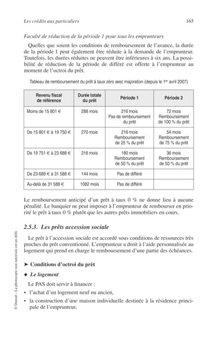 Les crédits aux particuliers 165
©Dunod–Laphotocopienonautoriséeestundélit.
Faculté de réduction de la période 1 pour tous les emprunteurs
Quelles que soient les conditions de remboursement de l’avance, la durée
de la période 1 peut également être réduite à la demande de l’emprunteur.
Toutefois, les durées réduites ne peuvent être inférieures à six ans. La possi-
bilité de réduction de la période de différé est offerte à l’emprunteur au
moment de l’octroi du prêt.
Le remboursement anticipé d’un prêt à taux 0 % ne donne lieu à aucune
pénalité. Le banquier ne peut imposer à l’emprunteur de rembourser en prio-
rité le prêt à taux 0 % plutôt que les autres prêts immobiliers en cours.
2.5.3. Les prêts accession sociale
Le prêt à l’accession sociale est accordé sous conditions de ressources très
proches du prêt conventionné. L’emprunteur a droit à l’aide personnalisée au
logement qui prend en charge le remboursement d’une partie des échéances.
➤ Conditions d’octroi du prêt
◆ Le logement
Le PAS doit servir à ﬁnancer :
• l’achat d’un logement neuf ou ancien,
• la construction d’une maison individuelle destinée à la résidence princi-
pale de l’emprunteur,
Tableau de remboursement du prêt à taux zéro avec majoration (depuis le 1er avril 2007)
Revenu ﬁscal
de référence
Durée totale
du prêt
Période 1 Période 2
Moins de 15 801 € 288 mois 216 mois
Pas de remboursement
du prêt
72 mois
Remboursement
de 100 % du prêt
De 15 801 € à 19 750 € 270 mois 216 mois
Remboursement
de 25 % du prêt
54 mois
Remboursement
de 75 % du prêt
De 19 751 € à 23 688 € 216 mois 180 mois
Remboursement
de 50 % du prêt
36 mois
Remboursement
de 50 % du prêt
De 23 689 € à 31 588 € 144 mois Pas de différé
Au-delà de 31 588 € 1082 mois Pas de différé
 