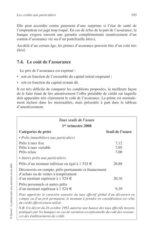 Les crédits aux particuliers 193
©Dunod–Laphotocopienonautoriséeestundélit.
Elle peut accordée contre paiement d’une surprime si l’état de santé de
l’emprunteur est jugé trop risqué. En cas de refus de la part de l’assurance, la
banque exigera souvent une garantie complémentaire (nantissement d’un
contrat d’assurance vie ou d’un portefeuille titres).
Au-delà d’un certain âge, les primes d’assurance peuvent être d’un coût très
élevé.
7.4. Le coût de l’assurance
Le prix de l’assurance est exprimé :
• soit en fonction de l’ensemble du capital initial emprunté ;
• soit en fonction du capital restant dû.
Il est très difﬁcile de comparer les conditions proposées, la meilleure façon
de le faire étant de lire attentivement l’offre préalable de crédit sur laquelle
doit apparaître très clairement le coût de l’assurance. La prime est normale-
ment incluse dans les mensualités, mais présentée à part dans le tableau
d’amortissement.
Taux seuils de l’usure
1er trimestre 2008
Catégories de prêts Seuil de l’usure
• Prêts immobiliers aux particuliers
Prêts à taux ﬁxe 7,12
Prêts à taux variable 7,05
Prêts relais 7,00
• Autres prêts aux particuliers
Prêts d’un montant inférieur ou égal à 1 524 € 20,88
Découverts en compte, prêts permanents et ﬁnancement
d’achats ou de ventes à tempérament
d’un montant supérieur à 1 524 € 20,16
Prêts personnels et autres prêts
d’un montant supérieur à 1 524 € 9,39
Pour apprécier le caractère usuraire du taux effectif global d’un découvert en
compte ou d’un prêt permanent, le montant à prendre en considération est celui
du crédit effectivement utilisé.
N.B. Un décret du 26 octobre 1992 autorise une hausse des taux effectifs moyens
pratiqués par les banques en cas de variation exceptionnelle du coût des ressour-
ces des établissements de crédit.
 