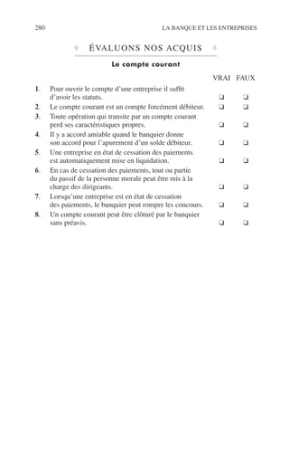 280 LA BANQUE ET LES ENTREPRISES
♦ ÉVALUONS NOS ACQUIS ♦
Le compte courant
VRAI FAUX
1. Pour ouvrir le compte d’une entreprise il sufﬁt
d’avoir les statuts. ❑ ❑
2. Le compte courant est un compte forcément débiteur. ❑ ❑
3. Toute opération qui transite par un compte courant
perd ses caractéristiques propres. ❑ ❑
4. Il y a accord amiable quand le banquier donne
son accord pour l’apurement d’un solde débiteur. ❑ ❑
5. Une entreprise en état de cessation des paiements
est automatiquement mise en liquidation. ❑ ❑
6. En cas de cessation des paiements, tout ou partie
du passif de la personne morale peut être mis à la
charge des dirigeants. ❑ ❑
7. Lorsqu’une entreprise est en état de cessation
des paiements, le banquier peut rompre les concours. ❑ ❑
8. Un compte courant peut être clôturé par le banquier
sans préavis. ❑ ❑
 