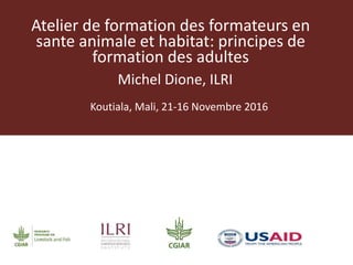 Atelier de formation des formateurs en
sante animale et habitat: principes de
formation des adultes
Michel Dione, ILRI
Koutiala, Mali, 21-16 Novembre 2016
 