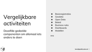 Vergelijkbare
activiteiten
Dezelfde gedeelde
componenten om allemaal iets
anders te doen
★ Basisregistraties
★ Geodata
★ Open Data
★ Beleid
★ Business rules
★ Dashboards
★ Modellen
enz
boris@publiccode.net 16
 