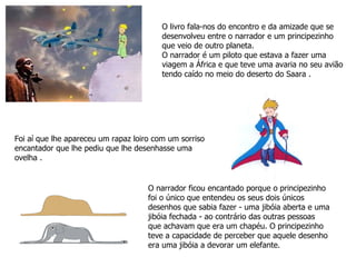 O livro fala-nos do encontro e da amizade que se desenvolveu entre o narrador e um principezinho que veio de outro planeta. O narrador é um piloto que estava a fazer uma viagem a África e que teve uma avaria no seu avião tendo caído no meio do deserto do Saara . Foi aí que lhe apareceu um rapaz loiro com um sorriso encantador que lhe pediu que lhe desenhasse uma ovelha . O narrador ficou encantado porque o principezinho foi o único que entendeu os seus dois únicos desenhos que sabia fazer - uma jibóia aberta e uma jibóia fechada - ao contrário das outras pessoas que achavam que era um chapéu. O principezinho teve a capacidade de perceber que aquele desenho era uma jibóia a devorar um elefante. 