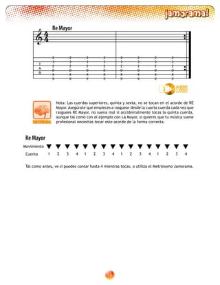 19
Nota: Las cuerdas superiores, quinta y sexta, no se tocan en el acorde de RE
Mayor. Asegúrate que empieces a rasguear desde la cuarta cuerda cada vez que
rasguees RE Mayor, no suena mal si accidentalmente tocas la quinta cuerda,
aunque tal como con el ejemplo con LA Mayor, si quieres que tu música suene
profesional necesitas tocar este acorde de la forma correcta.
Re Mayor
Tal como antes, ve si puedes contar hasta 4 mientras tocas, o utiliza el Metrónomo Jamorama.
1 2 3 4
Movimiento
Cuenta 1 2 3 41 2 3 41 2 3 4
3
T
A
B
2
3
2
0
X
X

Re Mayor
2
3
2
0
X
X
2
3
2
0
X
X
2
3
2
0
X
X
2
3
2
0
X
X
2
3
2
0
X
X
2
3
2
0
X
X
2
3
2
0
X
X
44
 