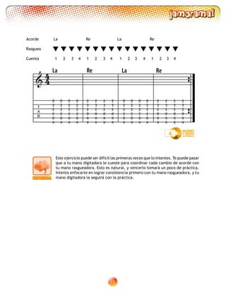 23
Acorde La	 Re 	 La 	 Re
Rasgueo
Cuenta 1 2 3 4 1 2 3 4 1 2 3 4 1 2 3 4
4

T
A
B
La Re
0
2
2
2
0
X
0
2
2
2
0
X
0
2
2
2
0
X
0
2
2
2
0
X
0
2
2
2
0
X
0
2
2
2
0
X
0
2
2
2
0
X
2
3
2
0
X
X
2
3
2
0
X
X
2
3
2
0
X
X
2
3
2
0
X
X
0
2
2
2
0
X
2
3
2
0
X
X
2
3
2
0
X
X
2
3
2
0
X
X
2
3
2
0
X
X
Este ejercicio puede ser difícil las primeras veces que lo intentes. Te puede pasar
que a tu mano digitadora le cueste para coordinar cada cambio de acorde con
tu mano rasgueadora. Esto es natural, y vencerlo tomará un poco de práctica.
Intenta enfocarte en lograr consistencia primero con tu mano rasgueadora, y tu
mano digitadora la seguirá con la práctica.
44 La Re
 