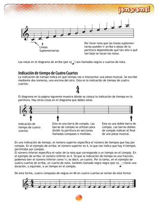 27
Indicación de tiempo de Cuatro Cuartos
La indicación de tiempo indica en qué tiempo vas a interpretar una pieza musical. Se escribe
mediante dos números, uno encima del otro. Esta es la indicación de tiempo de cuatro
cuartos:
El diagrama en la página siguiente muestra dónde se coloca la indicación de tiempo en la
partitura. Hay otras cosas en el diagrama que debes notar.
En una indicación de tiempo, el número superior especifica el número de tiempos que hay por
compás. En el ejemplo de arriba: el número superior es 4, lo que nos indica que hay 4 tiempos
permitidos por compás.
El número inferior especifica el valor de la nota que corresponde a un tiempo en el compás. En
el ejemplo de arriba: el número inferior es 4. Ya que la indicación de tiempo es una fracción,
podemos leer el número inferior como ¼; es decir, un cuarto. Por lo tanto, en el ejemplo de
cuatro cuartos de arriba, un cuarto de nota, también llamada negra negra (por ej. ) tiene una
duración, o equivale, a un tiempo en el compás.
De esta forma, cuatro compases de negras en MI en cuatro cuartos se verían de esta forma:

44
Esta es una barra de compás. Las
barras de compás se utilizan para
dividir la partitura en secciones
llamadas compases o medidas.
Esta es una doble barra de
compás. Las barras dobles
de compás indican el final
de una pieza musical.
Indicación de
tiempo de cuatro
cuartos.
 44
Las notas en el diagrama de arriba (por ej ) son llamadas negras o cuartos de nota.

Por favor nota que las líneas suplemen-
tarias pueden ir arriba o abajo de la
partitura dependiendo qué tan alto o qué
tan bajo se tocan las notas.
Líneas
Suplementarias
C D
F
E
A B
C D
F
E
G
B
 G
A
                44
 