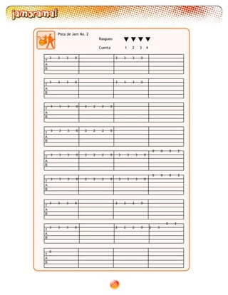 30
T
A
B
3 33 0 3 33 0
T
A
B
3 33 0 3 33 0
T
A
B
3 33 0 2 22 0
T
A
B
3 33 0 2 22 0
T
A
B
3 33 0 2 22 0
0 00 2
3 33 0
T
A
B
3 33 0 2 22 0
0 00 2
3 33 0
T
A
B
3 33 0 2 22 0
T
A
B
3 33 0 2 22 0 2
0
3
2
T
A
B
0
Pista de Jam No. 2
Rasgueo
Cuenta 1 2 3 4
 