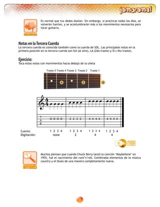 35
Muchos piensan que cuando Chuck Berry lanzó la canción ‘Maybellene’ en
1955, fué el nacimiento del rock’n’roll. Combinaba elementos de la música
country y el blues de una manera completamente nueva.
2 04
Notas en laTercera Cuerda
La tercera cuerda es conocida también como la cuerda de SOL. Las principales notas en la
primera posición en la tercera cuerda son Sol (al aire), LA (2do traste) y SI ( 4to traste).
Ejercicio:
Toca estas notas con movimientos hacia debajo de la uñeta
Es normal que tus dedos duelan. Sin embargo, si practicas todos los días, se
volverán fuertes, y se acostumbrarán más a los movimientos necesarios para
tocar guitarra.
9
1 2 3 4 1 2 3 4 1 2 3 4
O 4 4 4 4O O O 4 4 4 4
1 2 3 4
2 2 22
T
A
B
            4
4
Traste 5 Traste 4 Traste 3 Traste 2 Traste 1
Cuenta:
Digitación: none 2 4 4
 