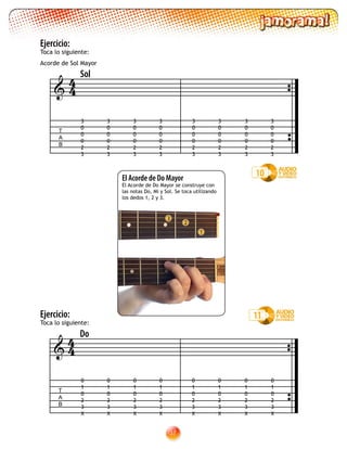 37
Ejercicio:
Toca lo siguiente:
Acorde de Sol Mayor
2
1
3
Ejercicio:
Toca lo siguiente:
11
10
3
0
0
0
2
3
3
0
0
0
2
3
3
0
0
0
2
3
3
0
0
0
2
3
3
0
0
0
2
3
3
0
0
0
2
3
3
0
0
0
2
3
3
0
0
0
2
3
T
A
B

Sol
44
0
1
0
2
3
X
0
1
0
2
3
X
0
1
0
2
3
X
0
1
0
2
3
X
0
1
0
2
3
X
0
1
0
2
3
X
0
1
0
2
3
X
0
1
0
2
3
X
T
A
B

Do
44
El Acorde de Do Mayor
El Acorde de Do Mayor se construye con
las notas Do, Mi y Sol. Se toca utilizando
los dedos 1, 2 y 3.
 