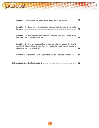 Lección 11 – Acorde de Si7, blues en Mi Mayor, Pista de Jam No. 11….......
Lección 12 – Notas en el pentagrama: primera posición, uñeta con notas
bajas.....................................................................................
Lección 13 – Indicación de métrica de ¾, pista de jam No.12, notas bajas
con uñeta en ¾, Pista de Jam No.13...............................................
Lección 14 – Acordes suspendidos, acorde de LAsus4, acorde de REsus4,
acorde de MIsus4, Pista de Jam No. 14, escalas, la escala mayor, escala de
Do Mayor, Pista de Jam No.15.......................................................
Lección 15 – Acorde de LAsus2, acorde de REsus2 , Pista de Jam No. 16....
	
Referencia de Acordes Suplemetaria ....................................................
71
75
77
81
89
94
 