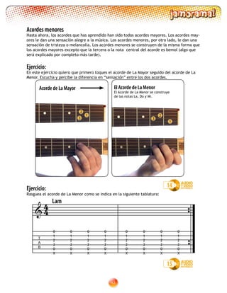 43
Acordes menores
Hasta ahora, los acordes que has aprendido han sido todos acordes mayores. Los acordes may-
ores le dan una sensación alegre a la música. Los acordes menores, por otro lado, le dan una
sensación de tristeza o melancolía. Los acordes menores se construyen de la misma forma que
los acordes mayores excepto que la tercera o la nota central del acorde es bemol (algo que
será explicado por completo más tarde).
Ejercicio:
En este ejercicio quiero que primero toques el acorde de La Mayor seguido del acorde de La
Menor. Escucha y percibe la diferencia en “sensación” entre los dos acordes.
14
15
Ejercicio:
Rasguea el acorde de La Menor como se indica en la siguiente tablatura:
2
1
3
2
1
3
Acorde de La Mayor
0
1
2
2
0
X
0
1
2
2
0
X
0
1
2
2
0
X
0
1
2
2
0
X
0
1
2
2
0
X
0
1
2
2
0
X
0
1
2
2
0
X
0
1
2
2
0
X
T
A
B

Lam
44
El Acorde de La Menor
El Acorde de La Menor se construye
de las notas La, Do y Mi.
 